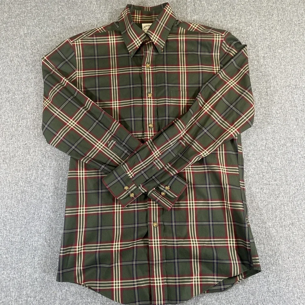 Brooks Brothers Plaid Button Up Shirt Mens Small Green Red Supima Cotton - Picture 2 of 7